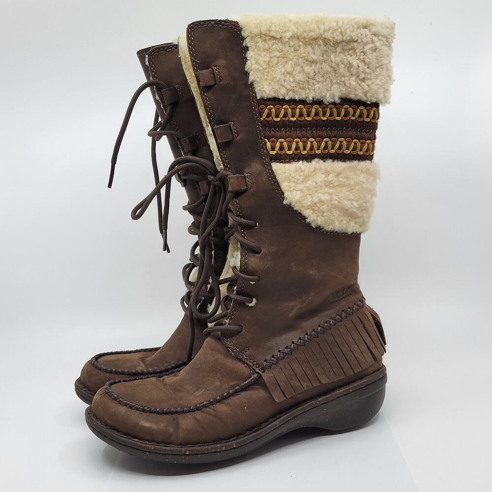 UGG SHORELIN 5752 Brown Suede Nubuck Leather Sheepskin mid calf boots Sz 6